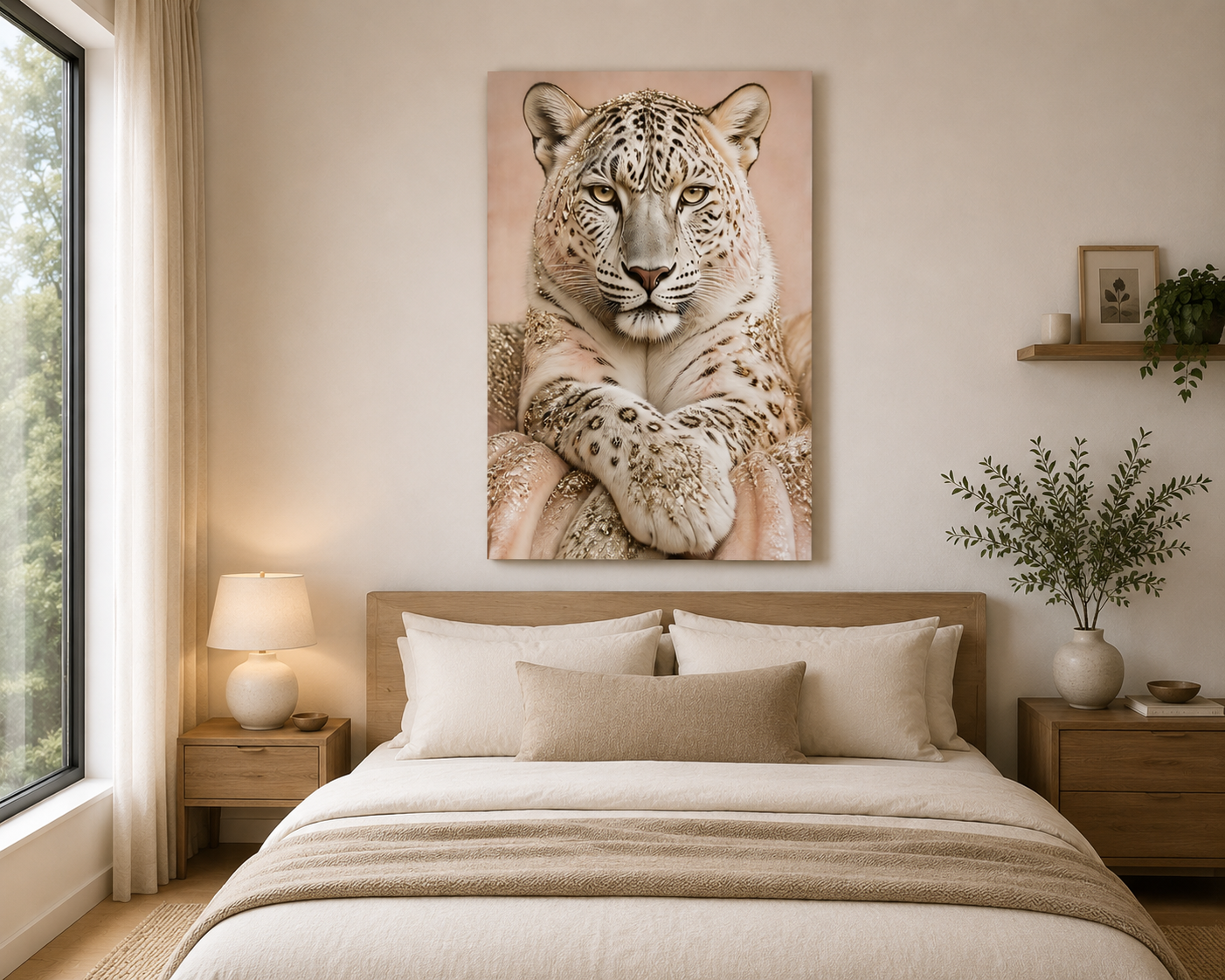 White Leopard Canvas Wall Art – Elegant Snow Leopard Portrait, Neutral Gold Animal Wall Decor for Living Room Bedroom – Ready to Hang