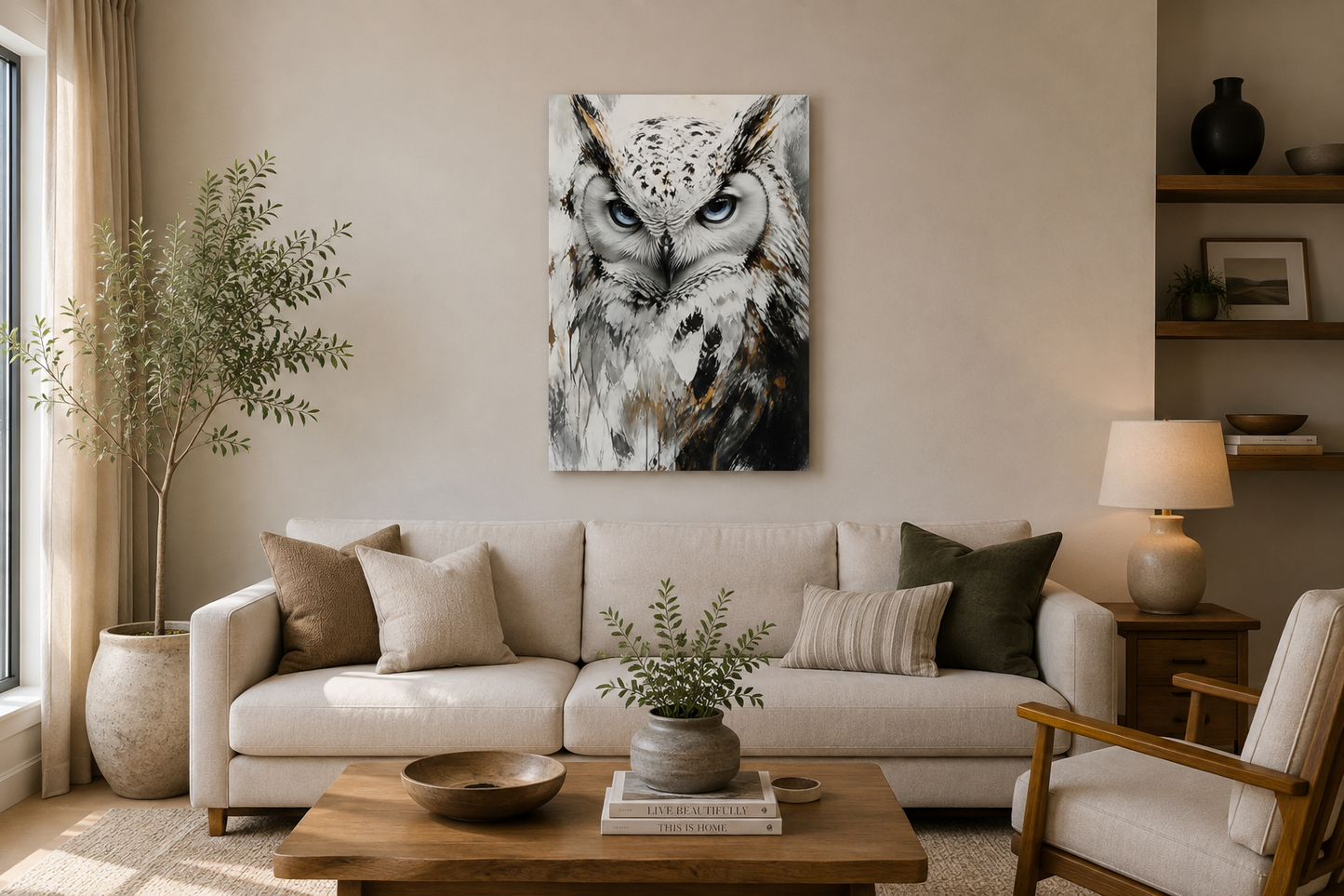 White Owl Canvas Wall Art – Blue Eyes Abstract Owl Portrait, Large Modern Wildlife Wall Decor for Living Room Bedroom – Ready to Hang