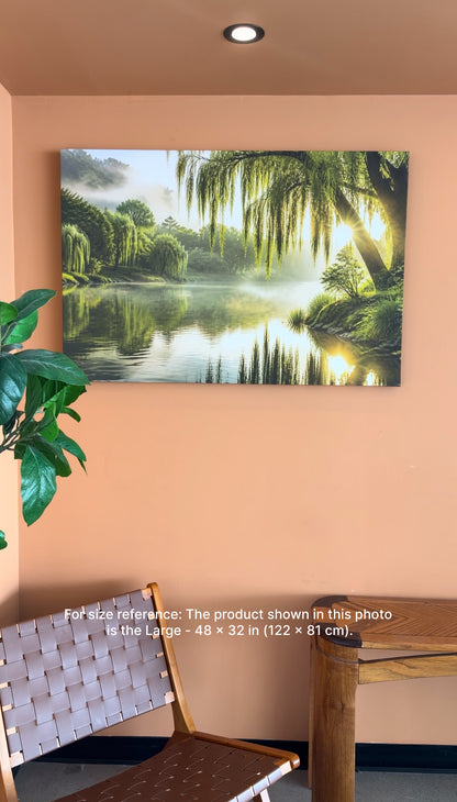 Nature Landscape Canvas Wall Art – Peaceful Lake & Willow Trees with Sunlight, Large Green Scenic Wall Decor – Ready to Hang