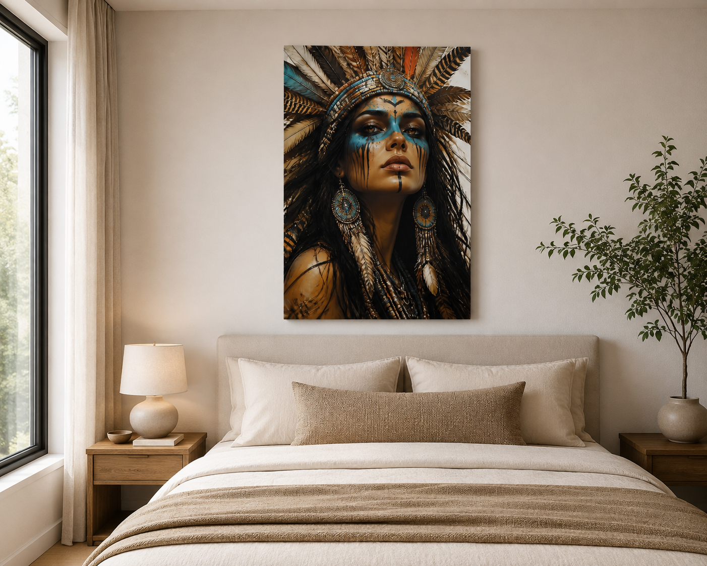 Boho Woman Portrait Canvas Wall Art – Feather Headdress Blue & Gold Tribal Inspired Artwork, Bohemian Wall Decor – Ready to Hang, 1.5 inch thick solid wood stretcher bars
