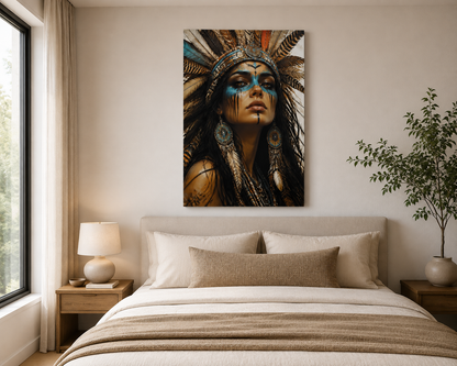 Boho Woman Portrait Canvas Wall Art – Feather Headdress Blue & Gold Tribal Inspired Artwork, Bohemian Wall Decor – Ready to Hang, 1.5 inch thick solid wood stretcher bars