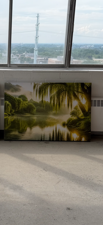 Nature Landscape Canvas Wall Art – Peaceful Lake & Willow Trees with Sunlight, Large Green Scenic Wall Decor – Ready to Hang