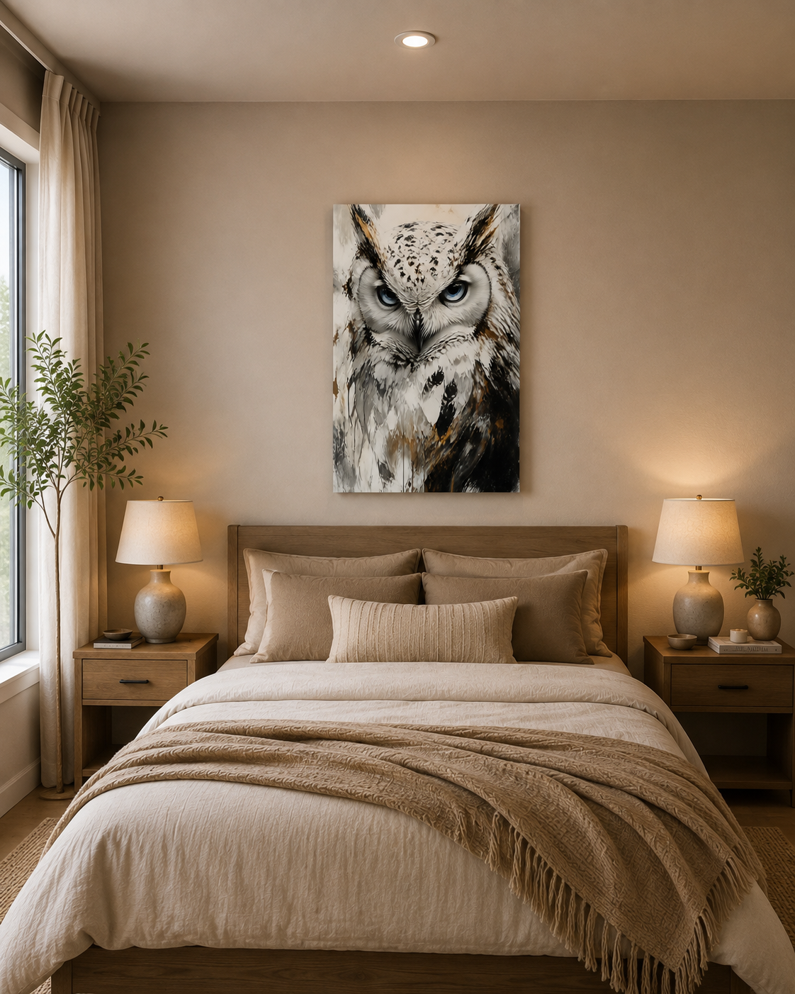 White Owl Canvas Wall Art – Blue Eyes Abstract Owl Portrait, Large Modern Wildlife Wall Decor for Living Room Bedroom – Ready to Hang