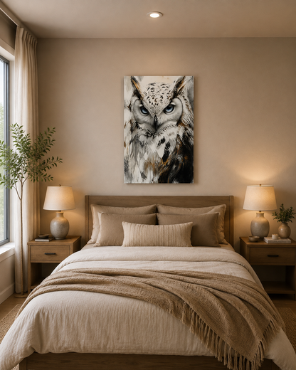 White Owl Canvas Wall Art – Blue Eyes Abstract Owl Portrait, Large Modern Wildlife Wall Decor for Living Room Bedroom – Ready to Hang