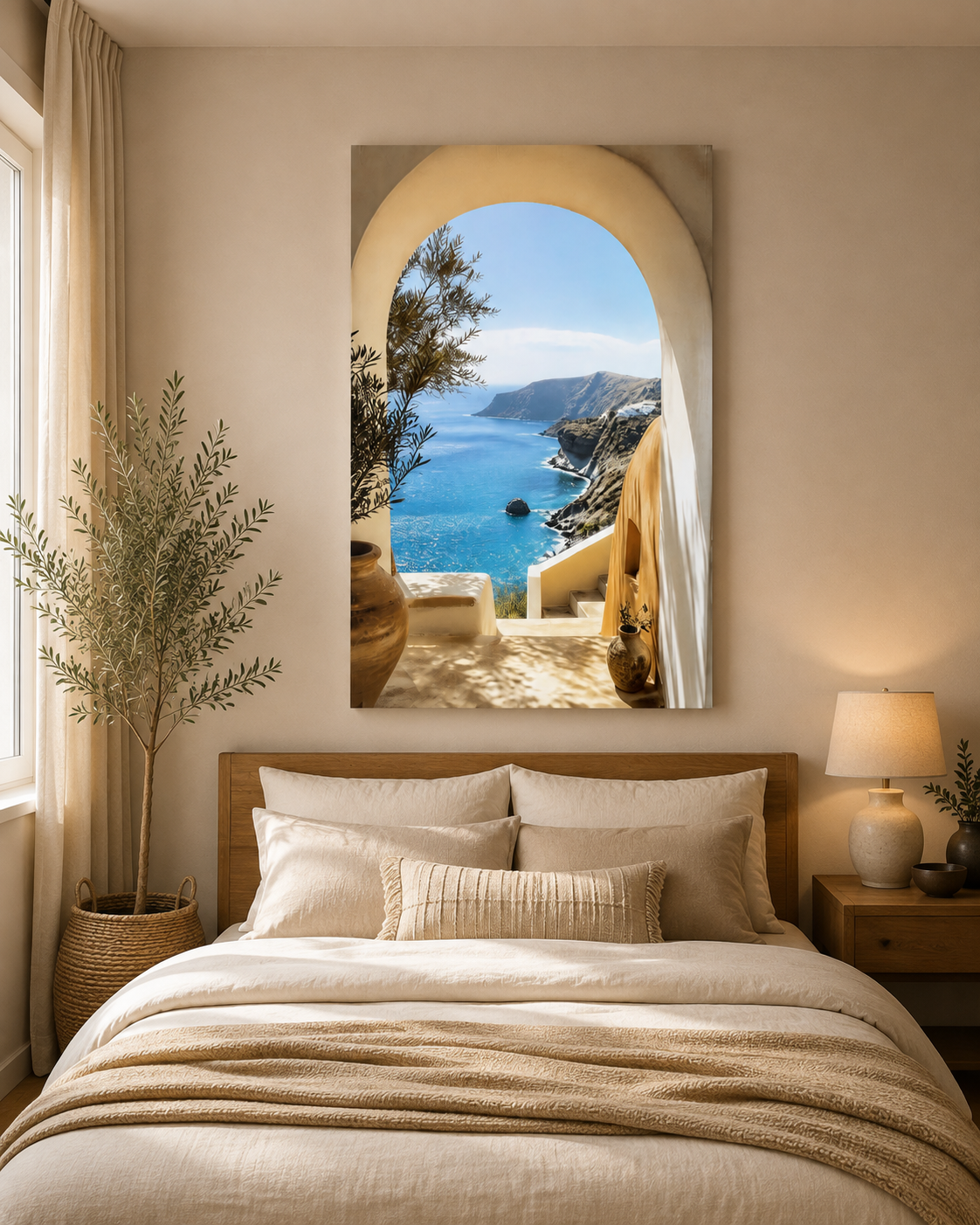 Mediterranean Coastal Wall Art Canvas – Greek Island Ocean View Through Arch, Large Blue Seascape Wall Decor – Ready to Hang