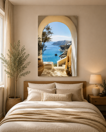 Mediterranean Coastal Wall Art Canvas – Greek Island Ocean View Through Arch, Large Blue Seascape Wall Decor – Ready to Hang
