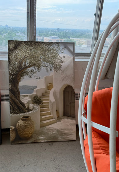 Mediterranean Wall Art Canvas – Greek Island Olive Tree & White Architecture, Large Coastal Wall Decor for Living Room Bedroom – Ready to Hang