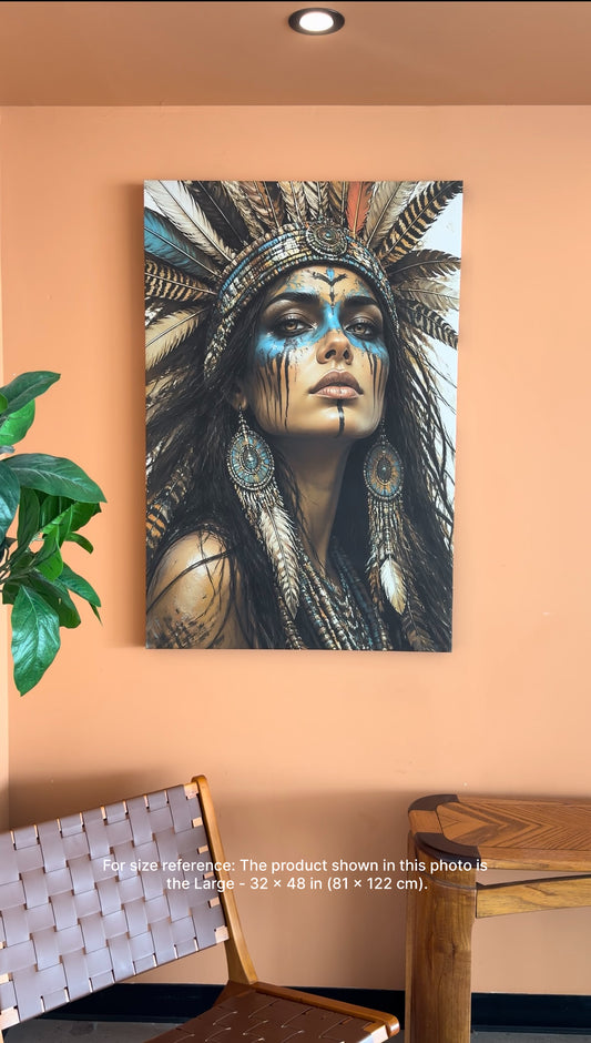 Boho Woman Portrait Canvas Wall Art – Feather Headdress Blue & Gold Tribal Inspired Artwork, Bohemian Wall Decor – Ready to Hang, 1.5 inch thick solid wood stretcher bars