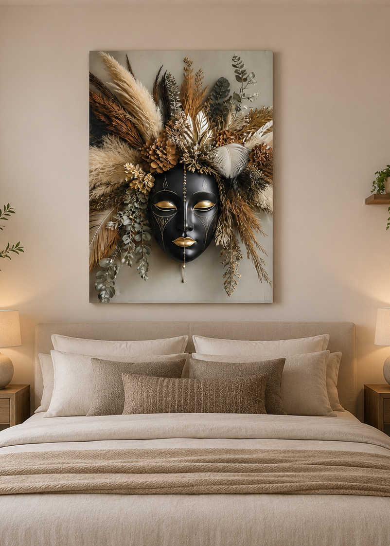 Boho Wall Art Canvas– Black Gold Face with Botanical Floral Design, Elegant Modern Bohemian Wall Decor for Living Room Bedroom – Ready to Hang