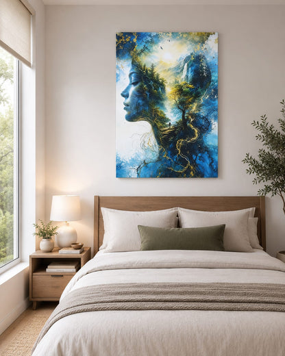 Nature Woman Wall Art Canvas– Surreal Female Face Forest Landscape Artwork, Blue Mountain Waterfall Tree Wall Decor for Living Room Bedroom – Ready to Hang, 1.5 Inch Thick Solid Wood Stretcher Bars