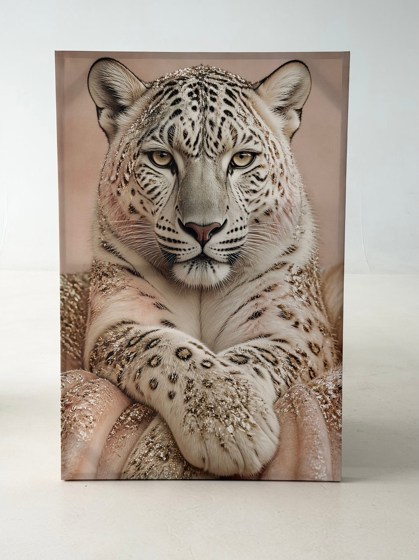 White Leopard Canvas Wall Art – Elegant Snow Leopard Portrait, Neutral Gold Animal Wall Decor for Living Room Bedroom – Ready to Hang