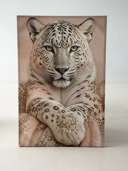 White Leopard Canvas Wall Art – Elegant Snow Leopard Portrait, Neutral Gold Animal Wall Decor for Living Room Bedroom – Ready to Hang