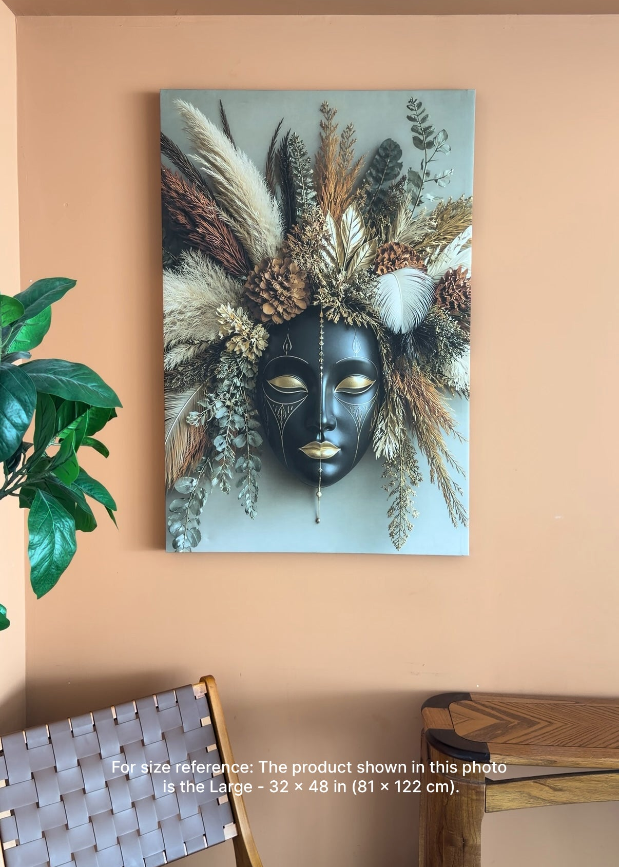 Boho Wall Art Canvas– Black Gold Face with Botanical Floral Design, Elegant Modern Bohemian Wall Decor for Living Room Bedroom – Ready to Hang