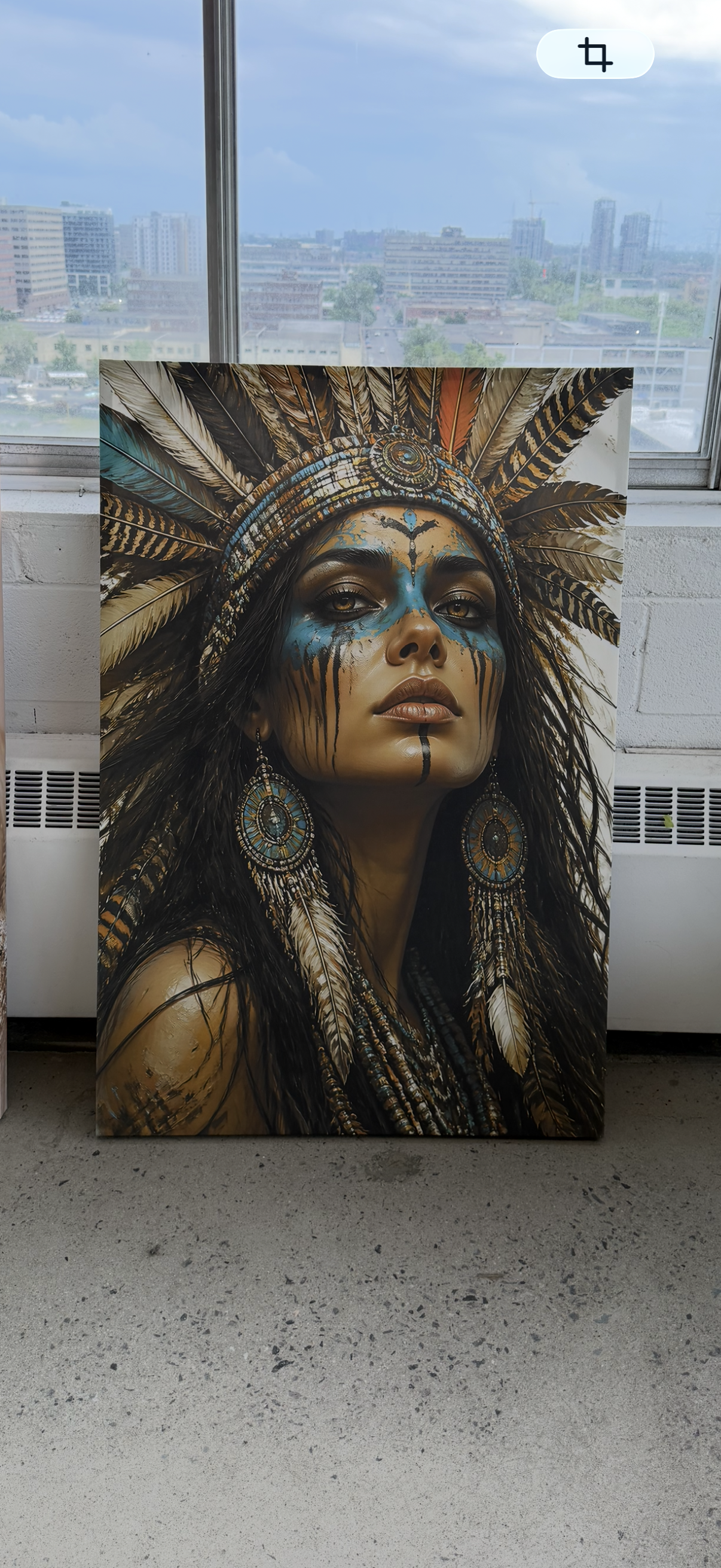 Boho Woman Portrait Canvas Wall Art – Feather Headdress Blue & Gold Tribal Inspired Artwork, Bohemian Wall Decor – Ready to Hang, 1.5 inch thick solid wood stretcher bars
