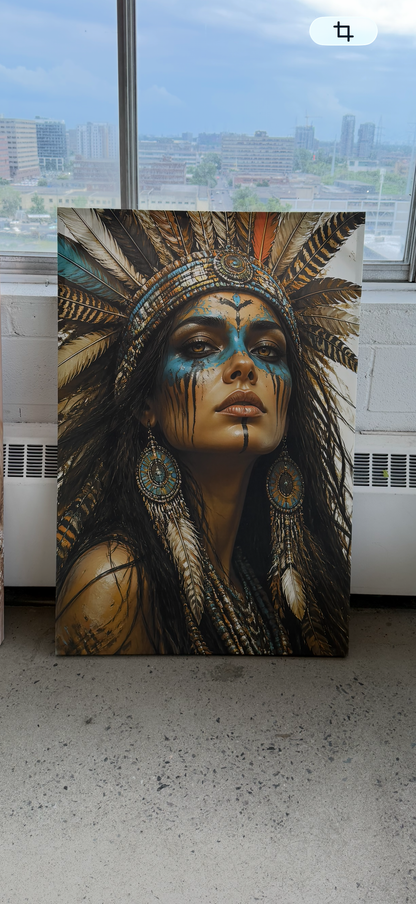 Boho Woman Portrait Canvas Wall Art – Feather Headdress Blue & Gold Tribal Inspired Artwork, Bohemian Wall Decor – Ready to Hang, 1.5 inch thick solid wood stretcher bars