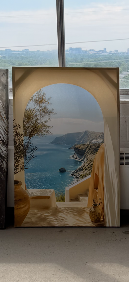 Mediterranean Coastal Wall Art Canvas – Greek Island Ocean View Through Arch, Large Blue Seascape Wall Decor – Ready to Hang