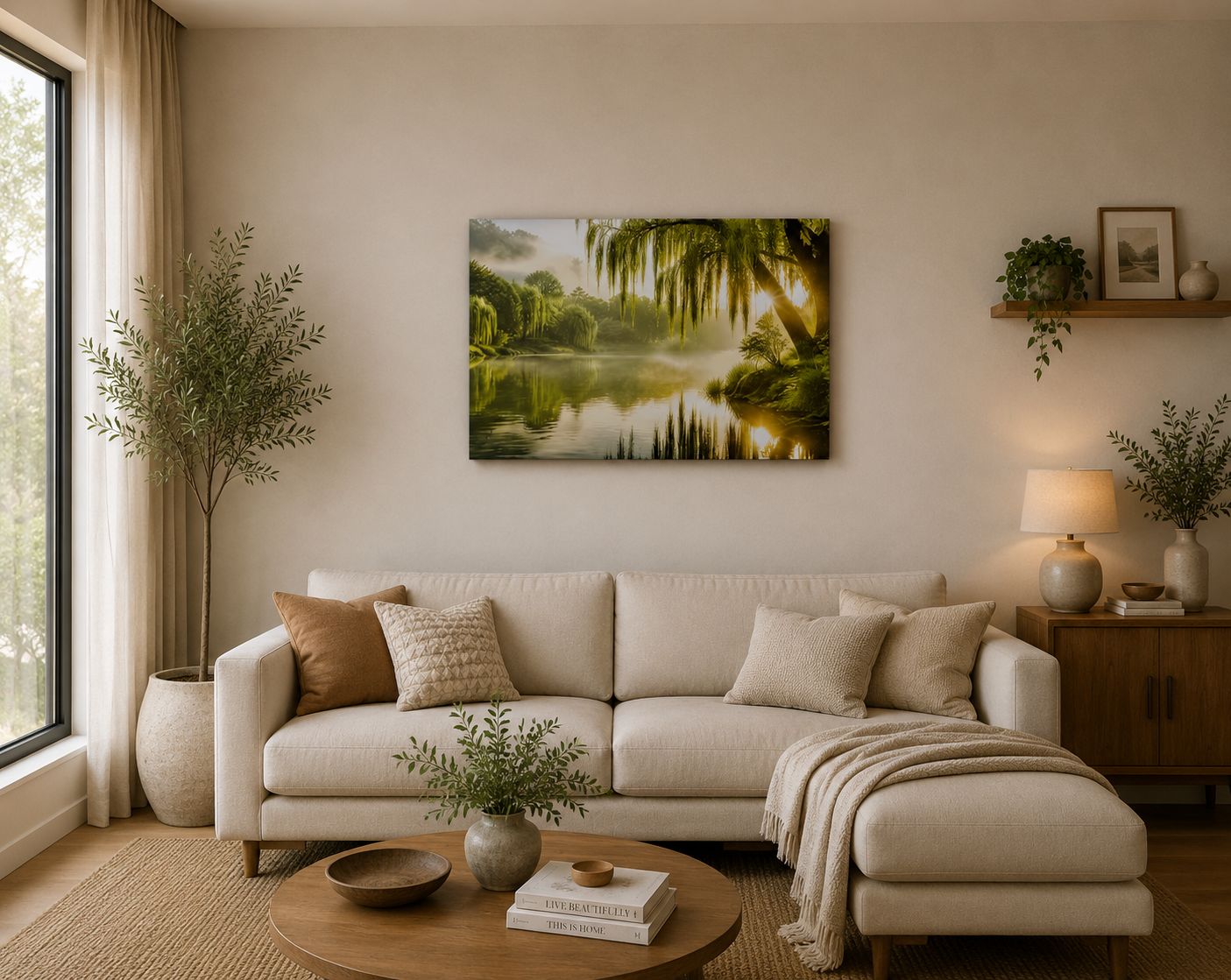 Nature Landscape Canvas Wall Art – Peaceful Lake & Willow Trees with Sunlight, Large Green Scenic Wall Decor – Ready to Hang