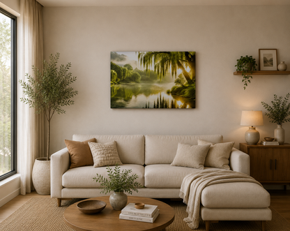 Nature Landscape Canvas Wall Art – Peaceful Lake & Willow Trees with Sunlight, Large Green Scenic Wall Decor – Ready to Hang