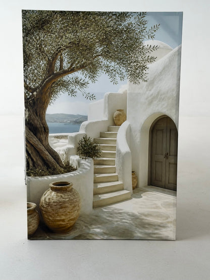 Mediterranean Wall Art Canvas – Greek Island Olive Tree & White Architecture, Large Coastal Wall Decor for Living Room Bedroom – Ready to Hang