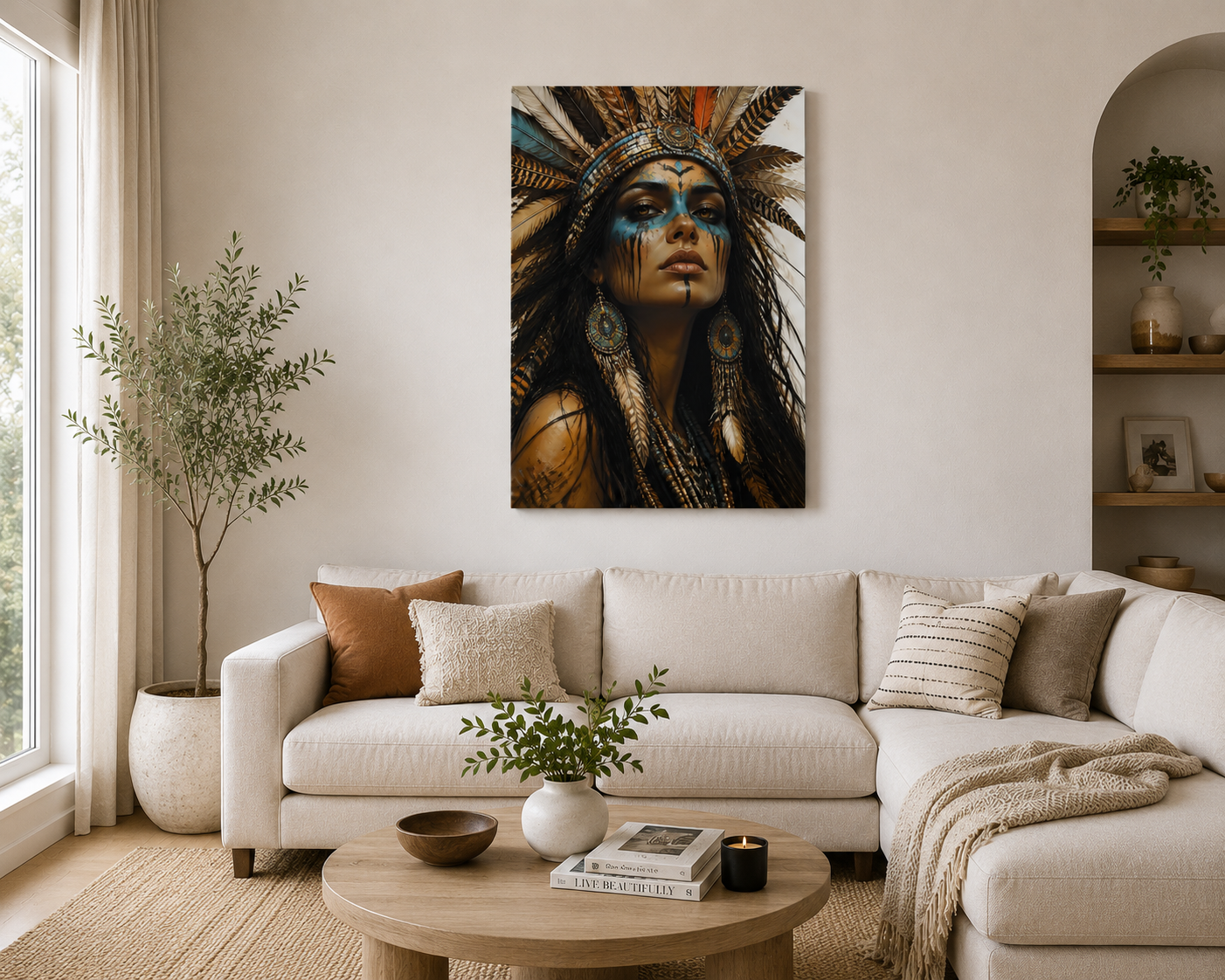 Boho Woman Portrait Canvas Wall Art – Feather Headdress Blue & Gold Tribal Inspired Artwork, Bohemian Wall Decor – Ready to Hang, 1.5 inch thick solid wood stretcher bars