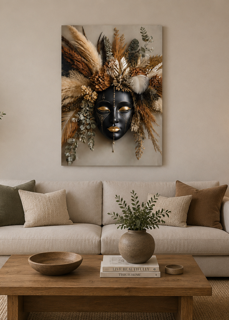 Boho Wall Art Canvas– Black Gold Face with Botanical Floral Design, Elegant Modern Bohemian Wall Decor for Living Room Bedroom – Ready to Hang