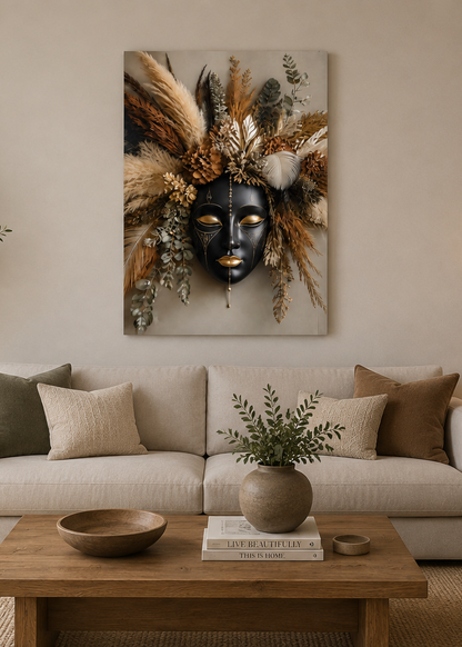 Boho Wall Art Canvas– Black Gold Face with Botanical Floral Design, Elegant Modern Bohemian Wall Decor for Living Room Bedroom – Ready to Hang