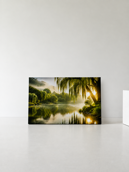 Nature Landscape Canvas Wall Art – Peaceful Lake & Willow Trees with Sunlight, Large Green Scenic Wall Decor – Ready to Hang