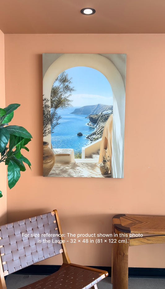 Mediterranean Coastal Wall Art Canvas – Greek Island Ocean View Through Arch, Large Blue Seascape Wall Decor – Ready to Hang