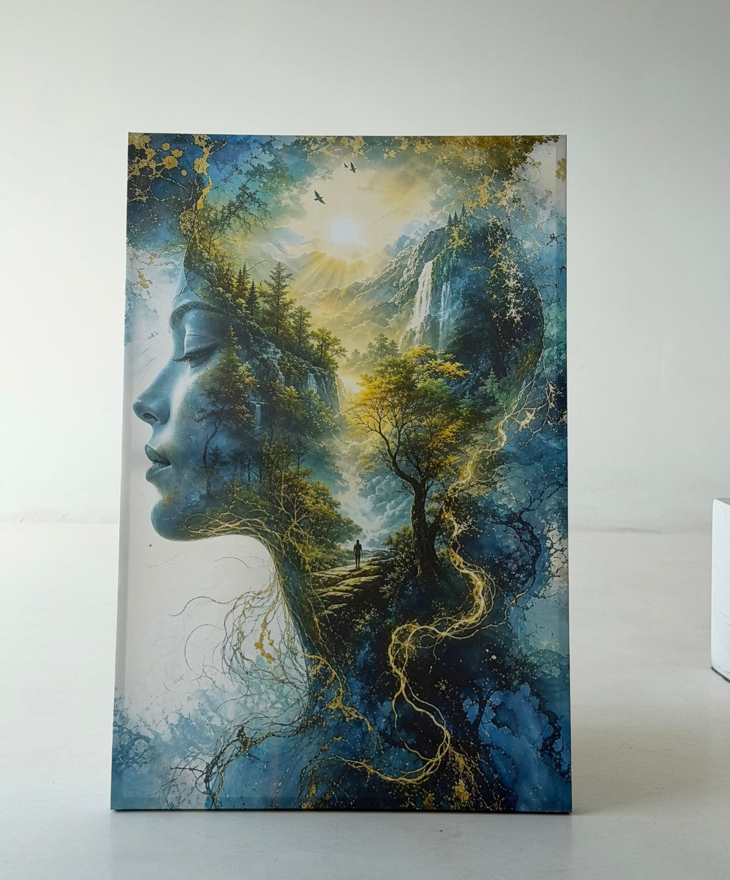 Nature Woman Wall Art Canvas– Surreal Female Face Forest Landscape Artwork, Blue Mountain Waterfall Tree Wall Decor for Living Room Bedroom – Ready to Hang, 1.5 Inch Thick Solid Wood Stretcher Bars