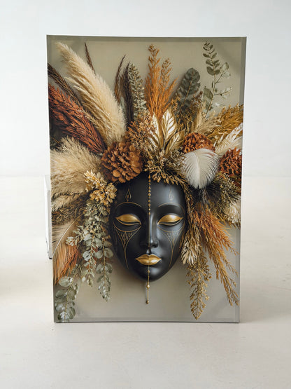 Boho Wall Art Canvas– Black Gold Face with Botanical Floral Design, Elegant Modern Bohemian Wall Decor for Living Room Bedroom – Ready to Hang