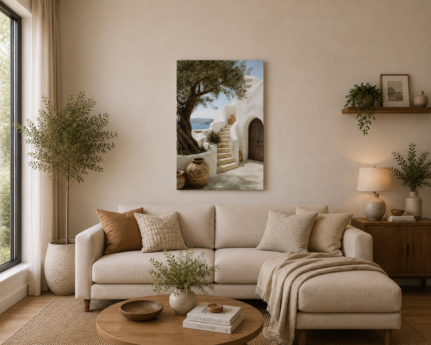 Mediterranean Wall Art Canvas – Greek Island Olive Tree & White Architecture, Large Coastal Wall Decor for Living Room Bedroom – Ready to Hang