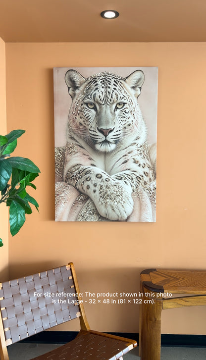 White Leopard Canvas Wall Art – Elegant Snow Leopard Portrait, Neutral Gold Animal Wall Decor for Living Room Bedroom – Ready to Hang