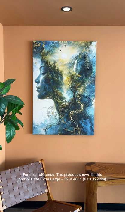 Nature Woman Wall Art Canvas– Surreal Female Face Forest Landscape Artwork, Blue Mountain Waterfall Tree Wall Decor for Living Room Bedroom – Ready to Hang, 1.5 Inch Thick Solid Wood Stretcher Bars