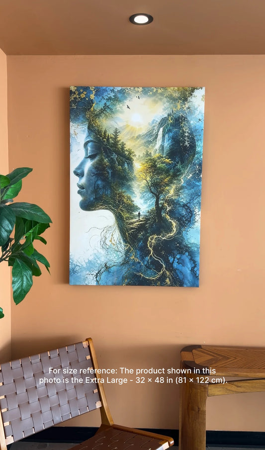 Nature Woman Wall Art Canvas– Surreal Female Face Forest Landscape Artwork, Blue Mountain Waterfall Tree Wall Decor for Living Room Bedroom – Ready to Hang, 1.5 Inch Thick Solid Wood Stretcher Bars