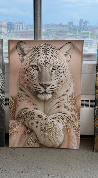 White Leopard Canvas Wall Art – Elegant Snow Leopard Portrait, Neutral Gold Animal Wall Decor for Living Room Bedroom – Ready to Hang